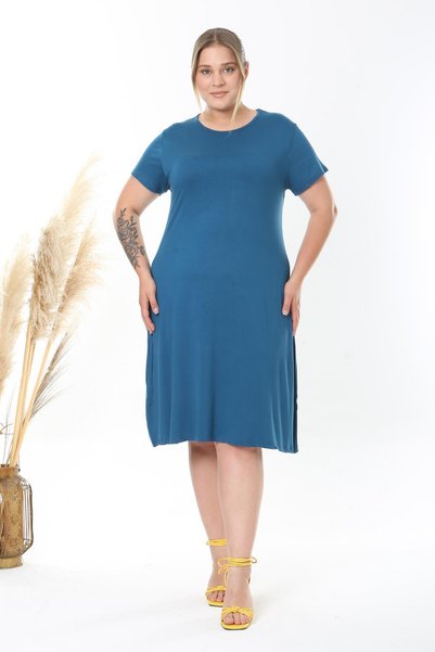 Madwilo Women's Petrol Blue Plus Size Stretchy Midi Dress