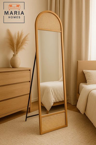 MARIA HOMES Arched Rattan Full-Length Standing Mirror Natural Wood Frame Mirror for Bedroom & Dressing Area