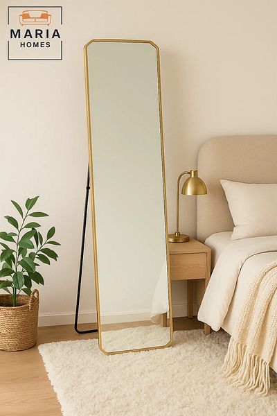 MARIA HOMES Gold Full-Length Standing Mirror with Angled Corners – 160x40cm Elegant Bedroom Dressing Mirror