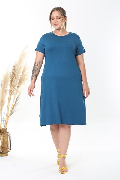 Madwilo Γυναικείο Petrol Blue Plus Size Stretchy Midi Φόρεμα