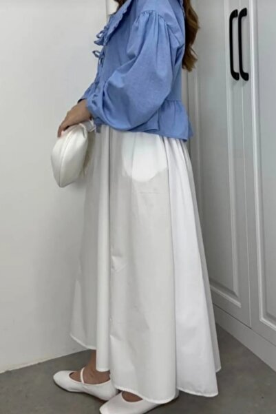 Safgiyim44 Color Women's Clothing Elastic Waist Double Pocket Poplin Skirt White