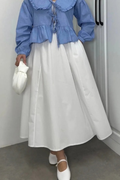 Safgiyim44 Color Women's Clothing Elastic Waist Double Pocket Poplin Skirt White
