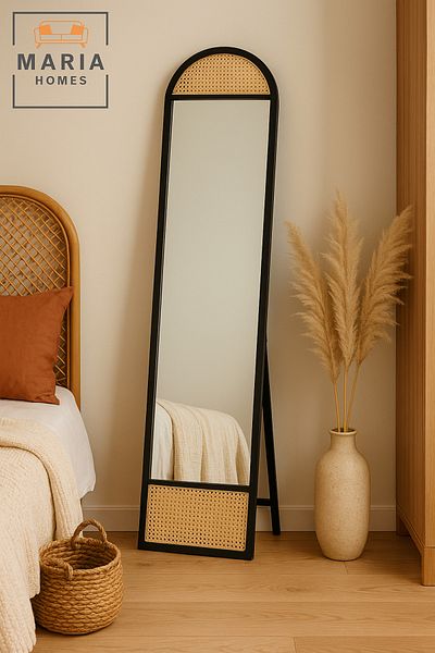 MARIA HOMES Arched Full-Length Black Wood Mirror – 170x40 cm with Rattan Accents