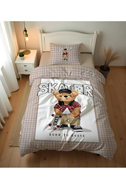 Evmila Teddy Skater Cool Desenli Çarşafsız 2'li Takım Baskılı Tek Kişilik Nev...