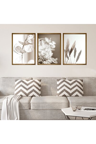 Vetro Design Bej Çiçekler Ahşap Çerçeveli Poster Set