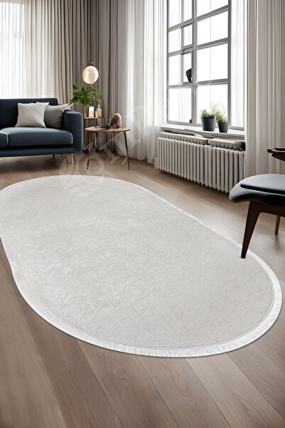 Dijidekor Glitter Oval Fringed Carpet Light Cream Erasable 150X220