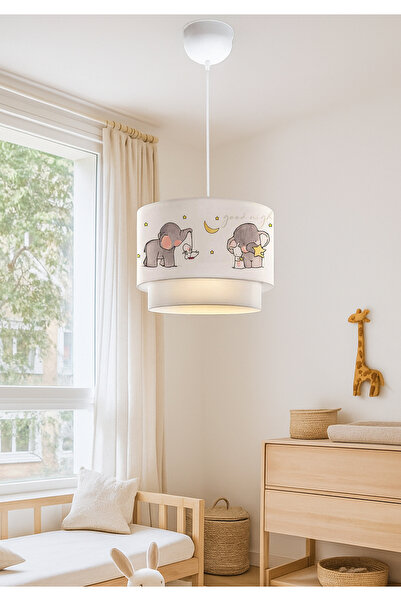 HOMİNG Kids Kumaş Fil Desenli Baskılı Pasta Çocuk Odası Sarkıt Avizesi Ayd-2994