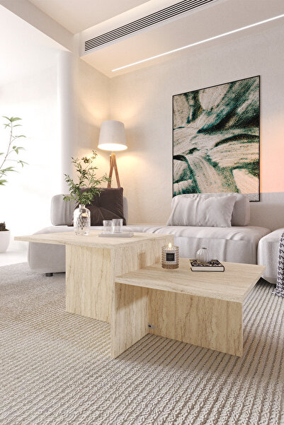 OBİ Atölye Yezy Orta Sehpa Kademeli Sehpa Traverten Desenli İskandinav, Bohem