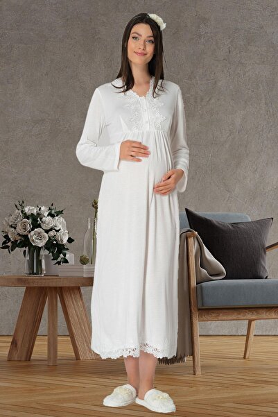 By Mecit Pijama قميص نوم نسائي للحوامل بأكمام طويلة ومزين بتفاصيل مطرزة