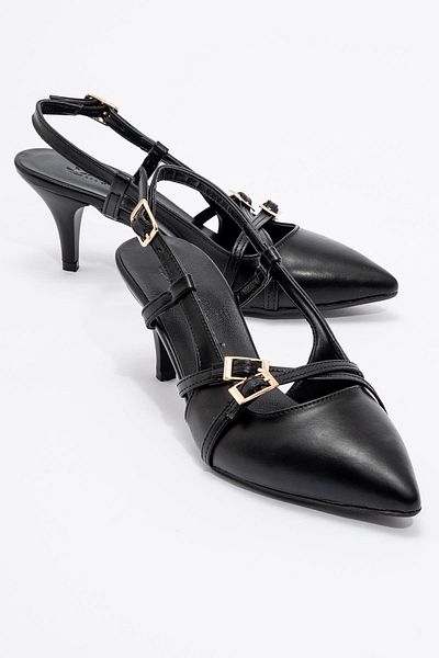 Ccway Black Women's Heeled Shoes with 3 Buckles - Skin