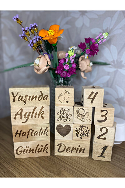 derincase isimli bebek anne anı küpü dekor 5'li set isimli ahşap bebek anı küpleri lazer ile yazım