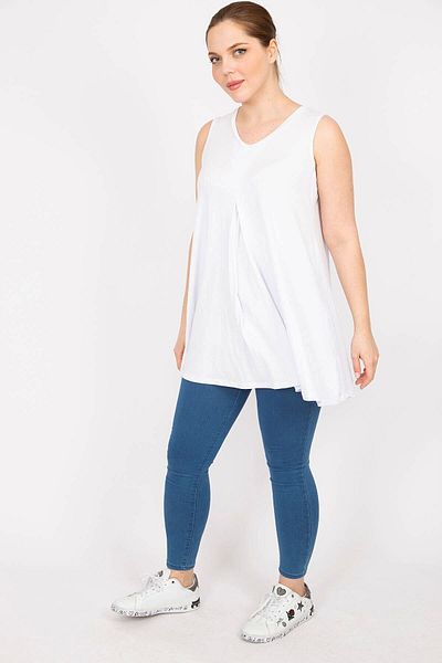 Şans Women's White Large Size Front A Pleated V-Neck Long Blouse 65n35950