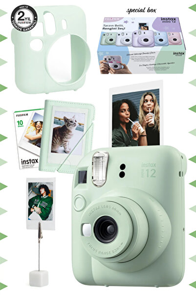Fujifilm Instax mini 12 Yeşil Fotoğraf Makinesi-10'lu Film-Kıskaçlı Stand-Mini Albüm ve Silikon Kılıf Seti