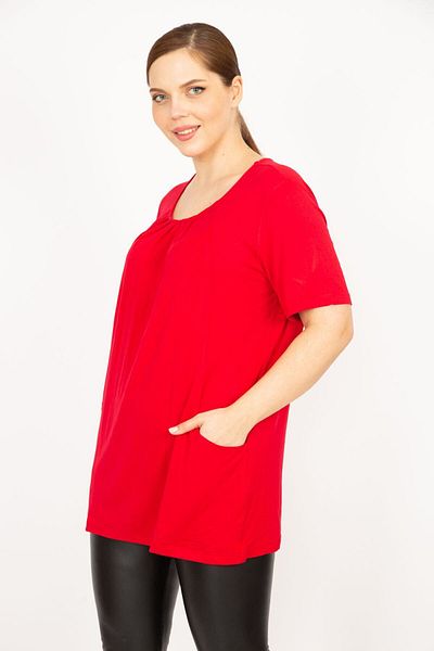 Şans Women's Red Plus Size Collar Drawstring Pocket Tunic 65n35934