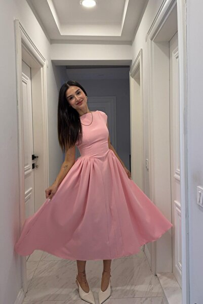 Narstorm Belden Oturtmalı Balon Elbise Pudra