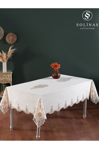 Solinas Collection Venora Cream Linen Fabric Mink Embroidered Table Cloth