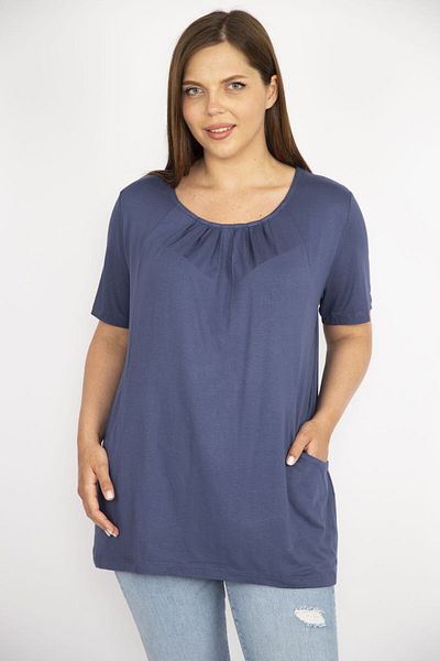 Şans Women's Indigo Large Size Collar Pleated Pocket Tunic 65n36467