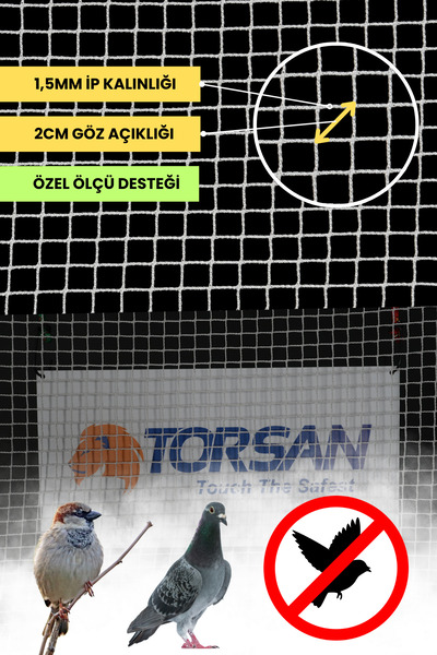 TORSAN Kuş Ağı – 2 cm Gözli – Kuş Filesi – 1,5 mm İp – Beyaz Renk – Balkon Filesi - 1 Metre x 3 Metre