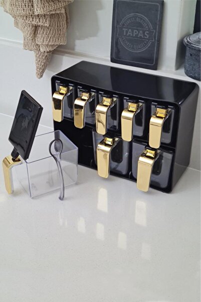 Herevin Sekizli Standlı Baharatlık Seti Gold Kulplu Siyah Kapak – 161280-822