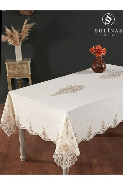 Solinas Collection Venora Cream Linen Fabric Mink Embroidered Table Cloth