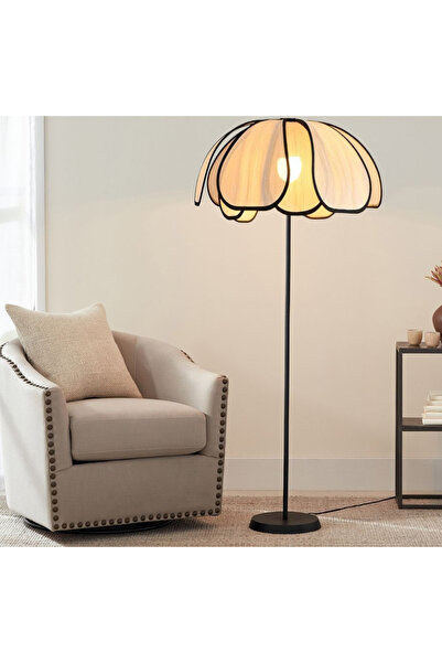 burenze Boheme Modern Tasarım Palm Burenze Dekoratif Lambader Siyah Gövde Ekru Kumaş Abajur