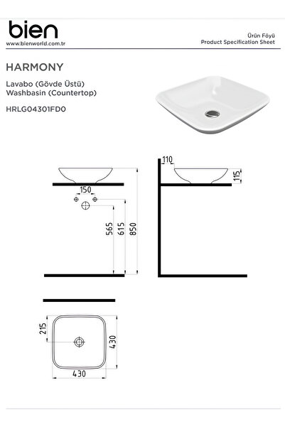 Bien Harmony 43 Cm Gövde Üstü Lavabo Batarya Deliksiz Taşma Kanalsız
