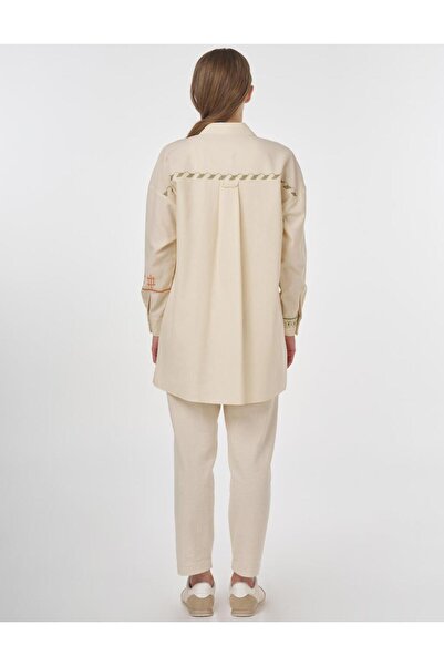 Kayra Linen Blended Embroidered Tunic Cream