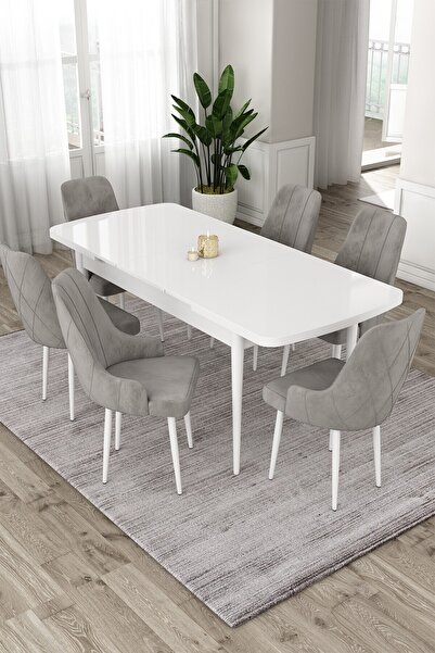 Canisa Eta Serisi 80x132 Açılabilir MDF Mutfak Masası Takımı Beyaz Masa 6 Gri...