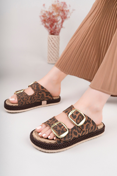 bakacstore Women's Leopard Patterned Daily Double Buckle Comfortable Sole Straw Sandals Slippers