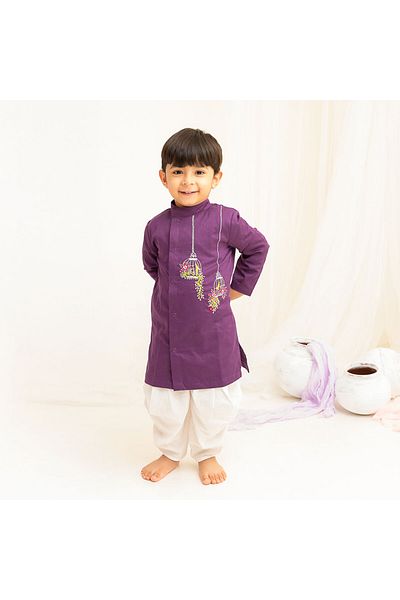 KeeBee Organic Cotton Birdcages Embroidered Purple Kurta Paired With Patiyala Pants