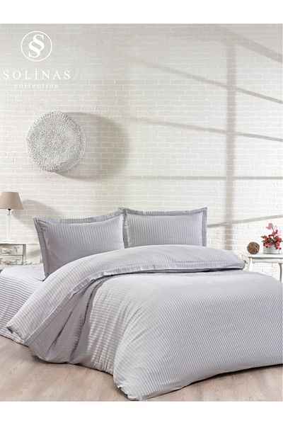 Solinas Collection Grisella Striped Gray 100% Cotton Satin Double Duvet Cover Set