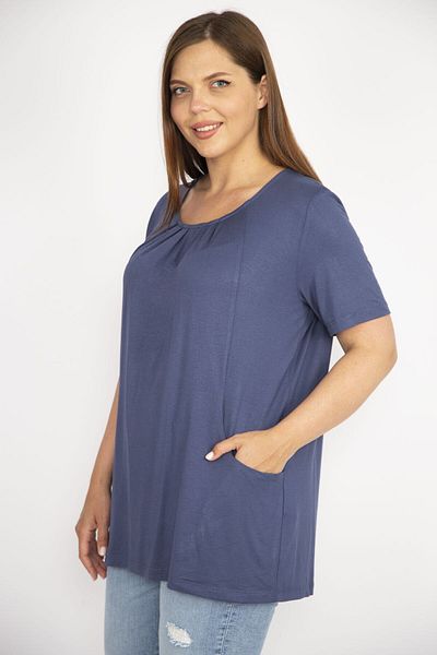 Şans Women's Indigo Large Size Collar Pleated Pocket Tunic 65n36467
