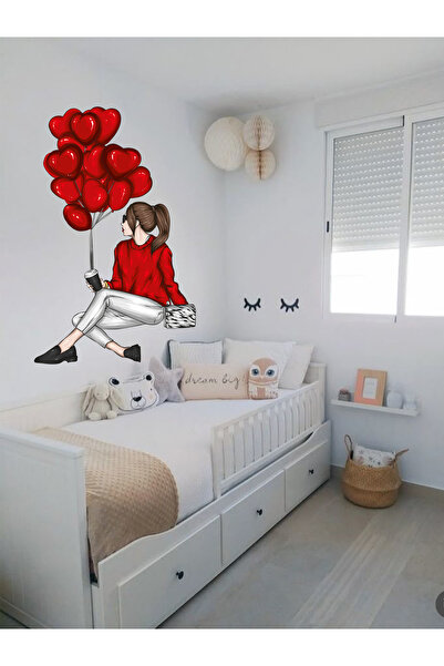 MAARS Sevgililer Günü Kırmızı Kalpli Balonlu Kız 63 X 100 Cm Cam Duvar Sticker