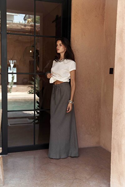 BOHEMAİ Anthracite Linen Dolly Skirt - Lace-up Design