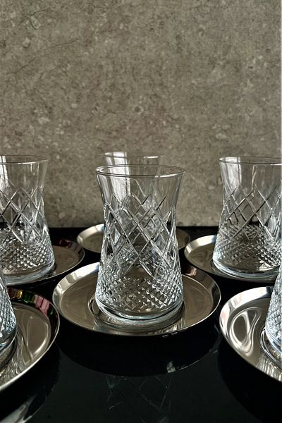 DECOSTYLE Pasabahce Ella Cut Decor Steel Plate Tea Set-6 Person 12 Pieces