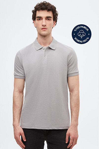 D'S Damat Regular Fit Gray Pique Textured 100% Cotton Non-Curling Polo Neck Embroidered T-Shirt