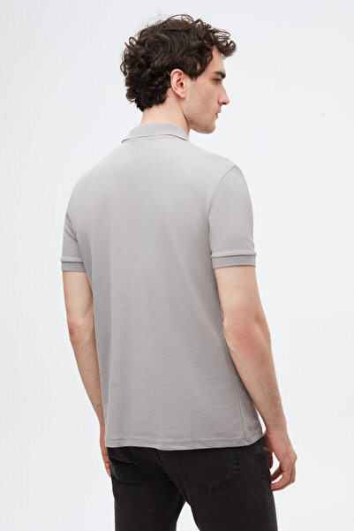 D'S Damat Regular Fit Gray Pique Textured 100% Cotton Non-Curling Polo Neck Embroidered T-Shirt