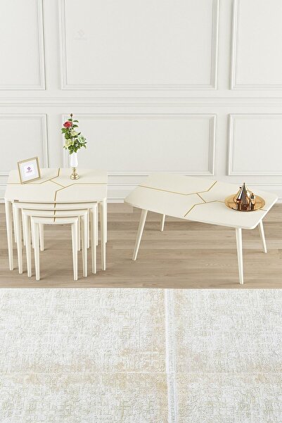 Canisa Concept Lyon Serisi Krem 4'lü Mdf Lake Boyalı Zigon Sehpa Ve Orta Sehp...