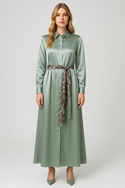 UNTIMELY Belted & Hidden Placket Light Aqua Green Satin Midi Shirt Dress