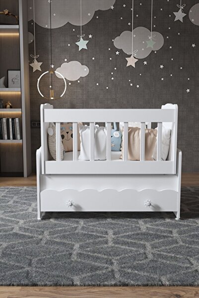 ardilla furniture Çekmeceli Sallanır Anne Yanı Ahşap Bebek Beşiği Beyaz white