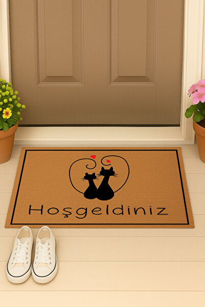 Pratixstore Mind Kedi ve Hoşgeldiniz Tasarımlı Kapı Önü Paspası - Şık, Dayanı...