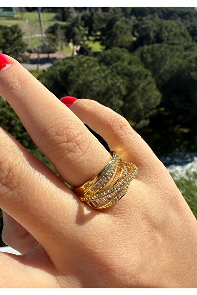 reyselstyle ALTIN KAPLAMA ZİRKON TAŞ VE BAGET TAŞLI LÜKS ÇELİK  YÜZÜK(KARARMA YAPMAZ)