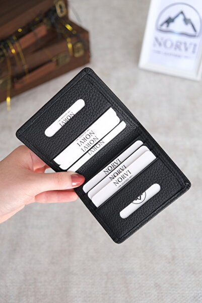 Norvi Leather حامل بطاقة محفظة جلد طبيعي رفيع باللون الأسود