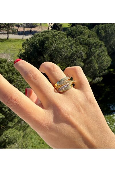 reyselstyle ALTIN KAPLAMA ZİRKON TAŞ VE BAGET TAŞLI LÜKS ÇELİK  YÜZÜK(KARARMA YAPMAZ)