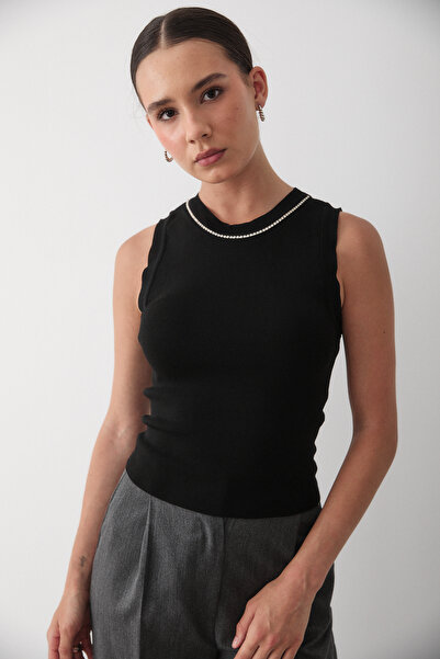 JASTE Kadın Siyah Bisiklet Yaka Taş Detaylı Kolsuz Triko Atlet