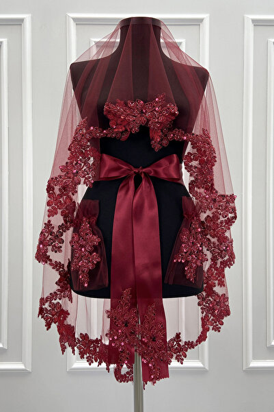 ZEYMERADE طقم حجاب زفاف أحمر كلاريت، خرز زجاجي كريستالي لامع وترتر حجاب حناء ...