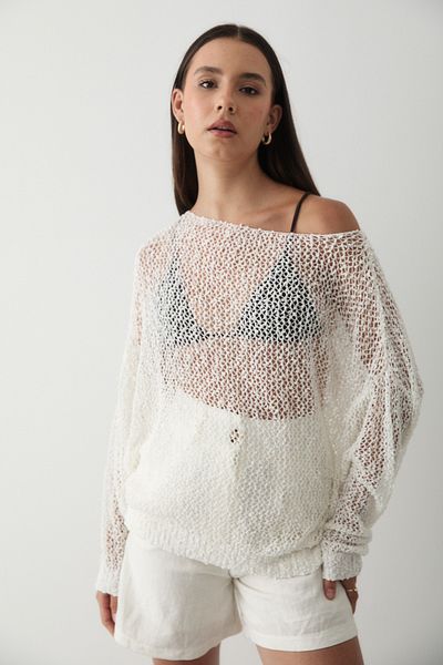 JASTE Women's Mesh Knitted Off-Shoulder Loose Summer Knitwear