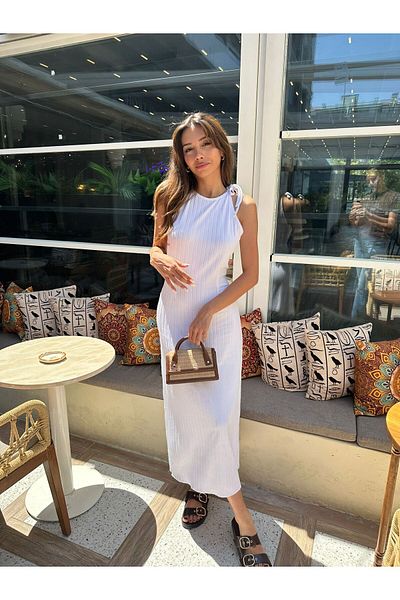 Cherry Lane Cherrylane White Self Ribbed Strap Summer Knitwear Dress