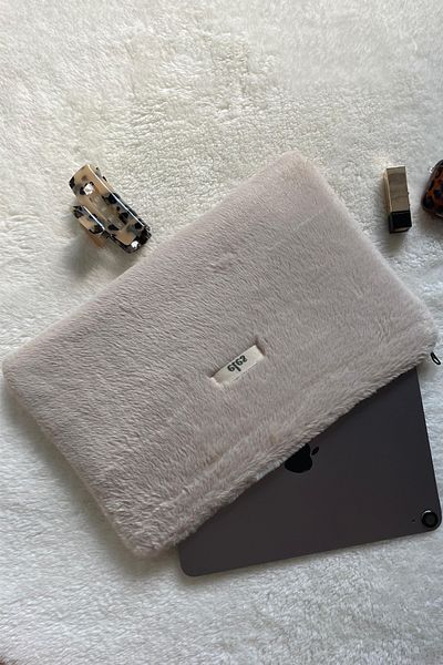eles Beige Plush Leopard Pattern Tablet Bag, Beige Plush Tablet Case, Plush Tablet Bag