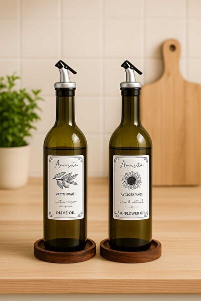 AR&MA WOOD Ahşap Stantlı Amber renkli 2'li 750 Ml Zeytinyağı Sıvıyağ Şişesi Y...